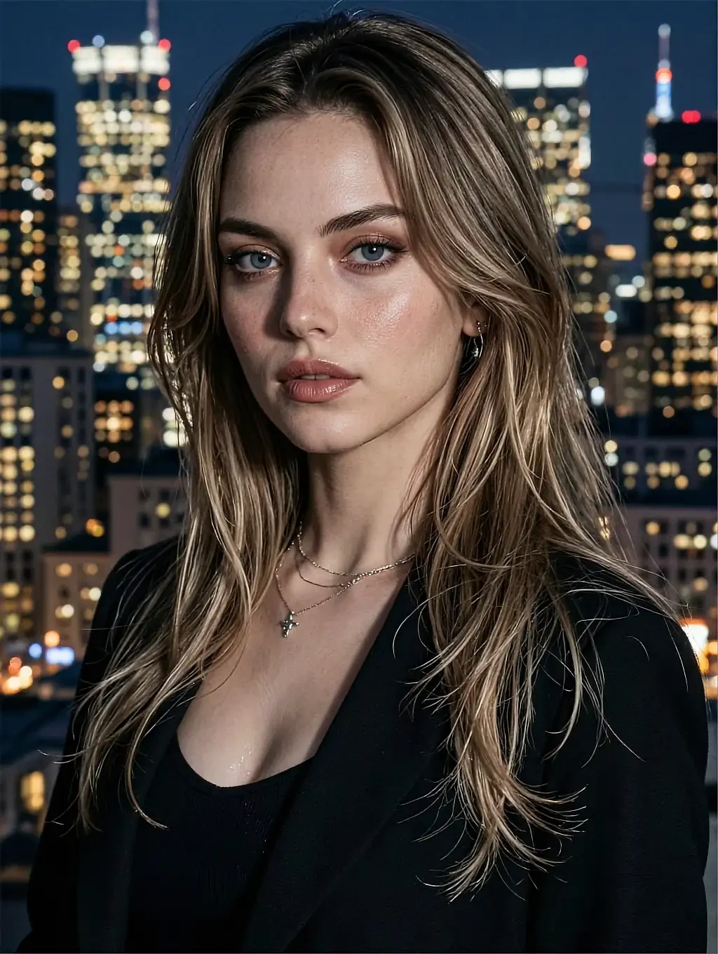 Fictional AI character with long hair against a night city skyline