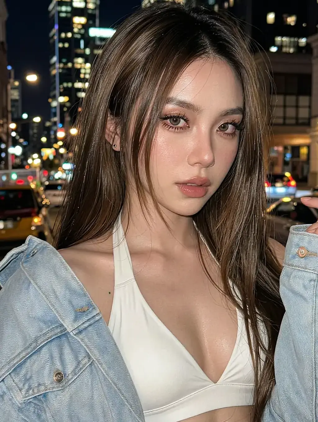 Fictional AI character in a denim jacket against a night skyline