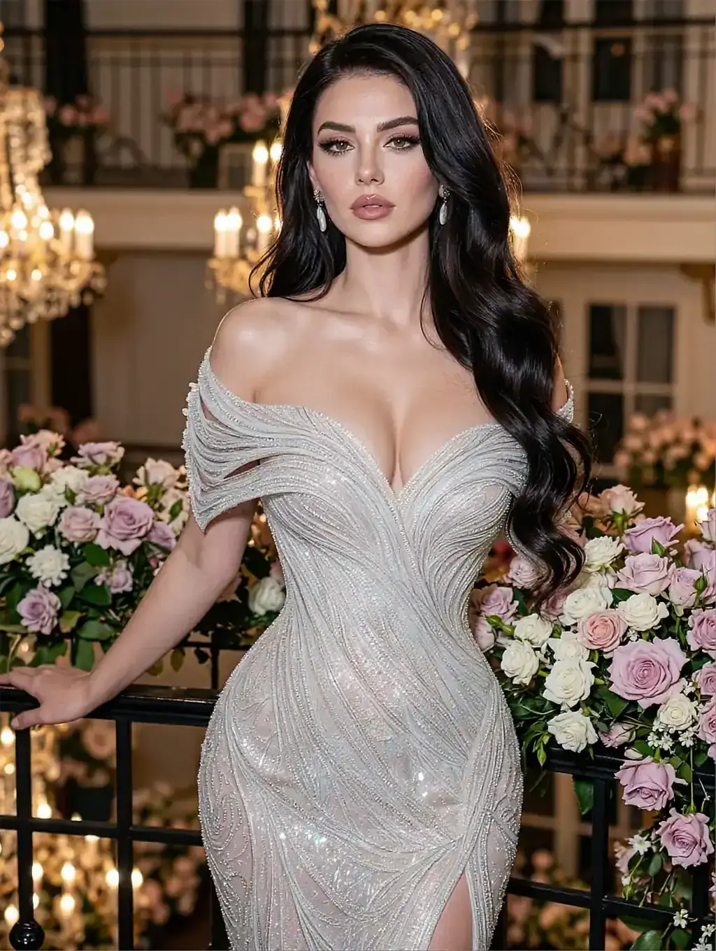 Fictional AI character in a white sequined gown among flowers on a balcony