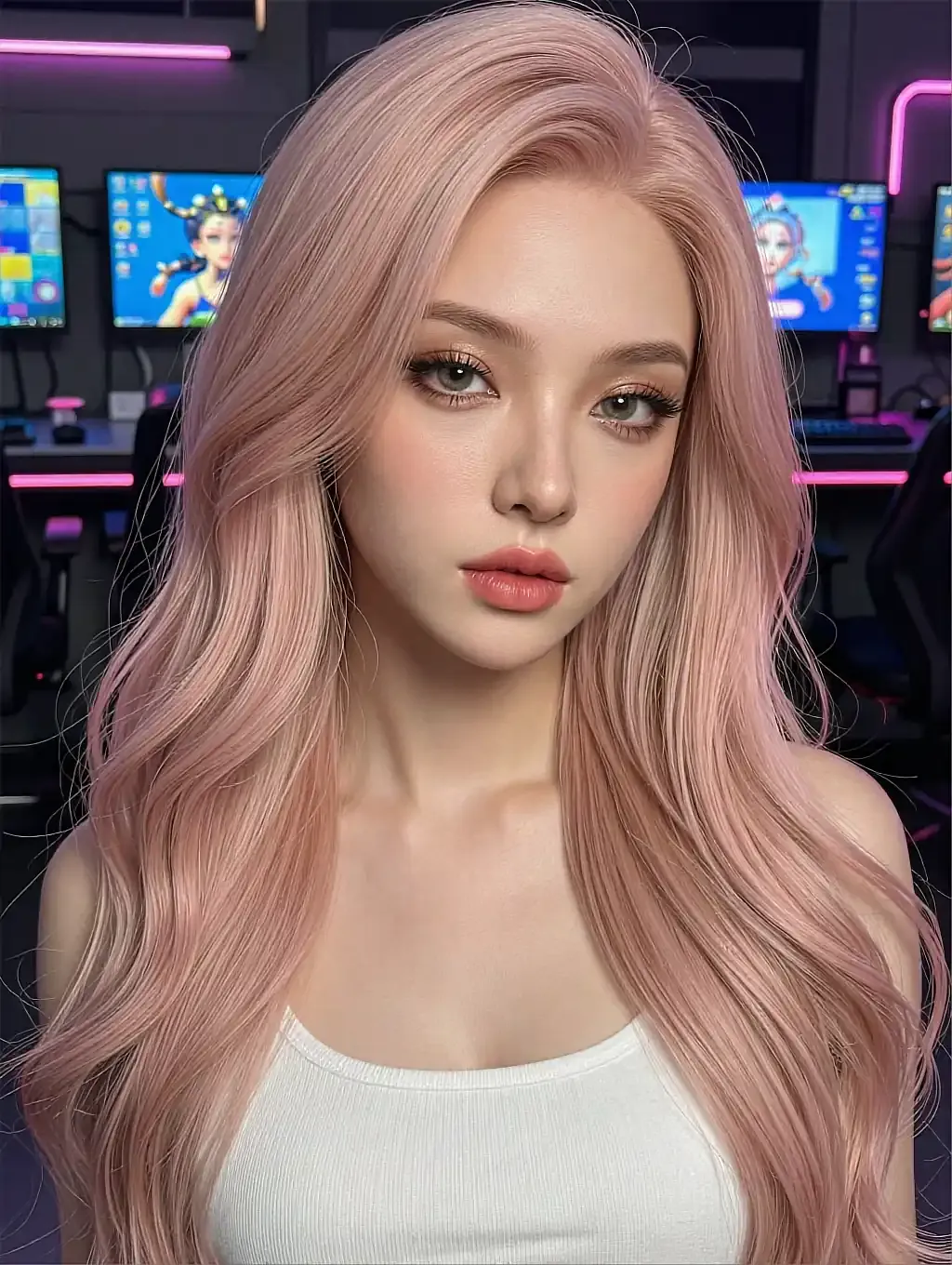 Fictional AI character with pink hair in a room lit by colourful monitors